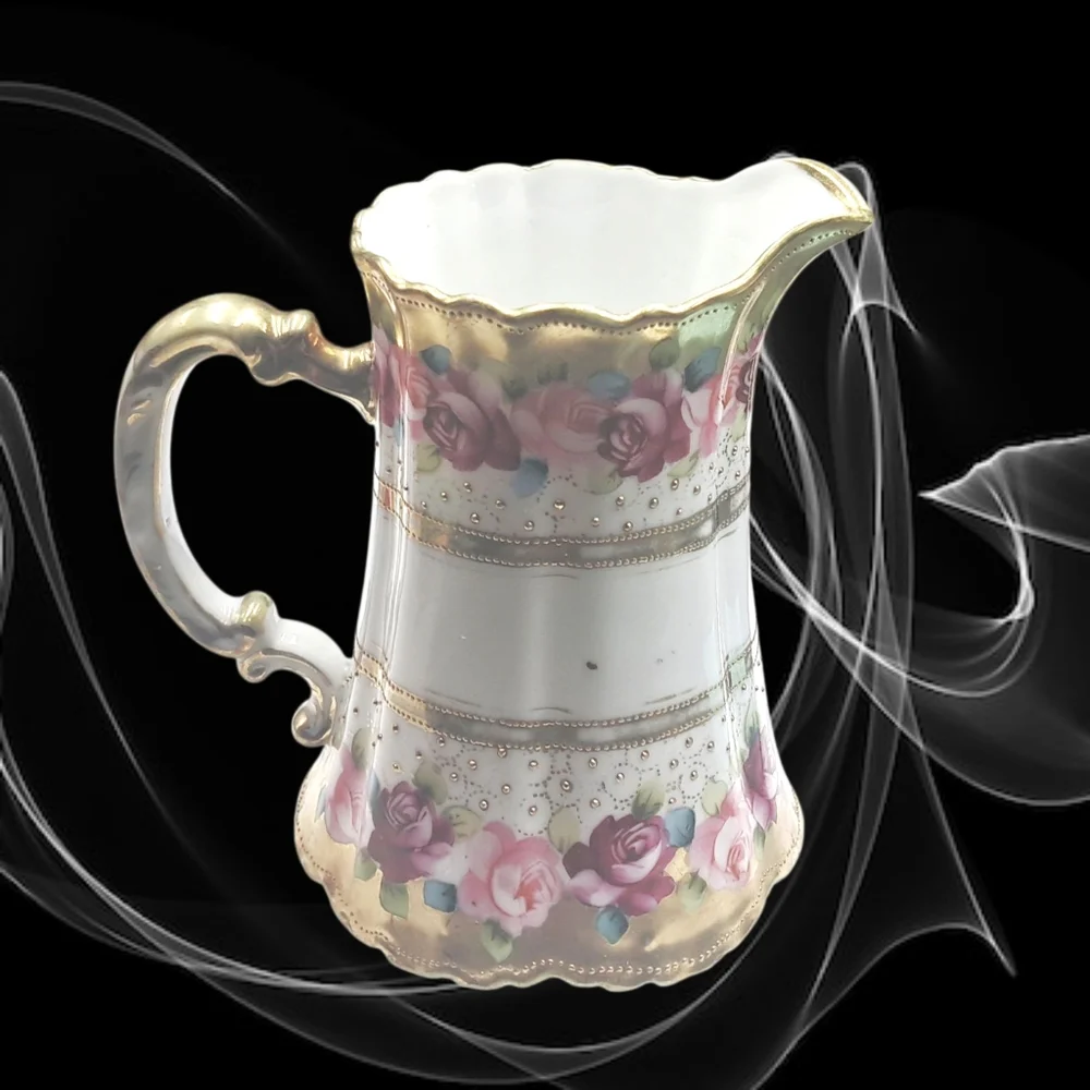Large Handpainted Nippon Pitcher with Gold and Pink Roses